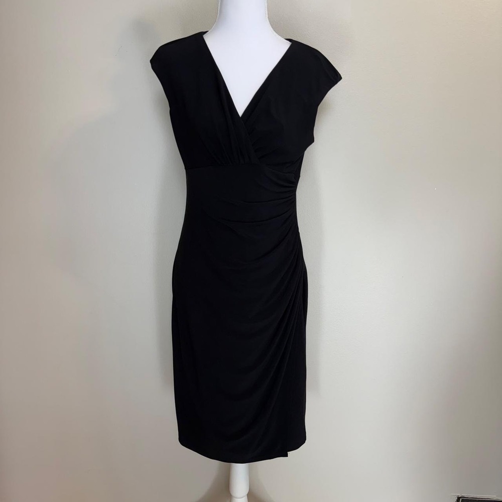 Lauren Ralph Lauren Ruched Faux Wrap Sheath Midi Dress Cap Sleeve Womens 8